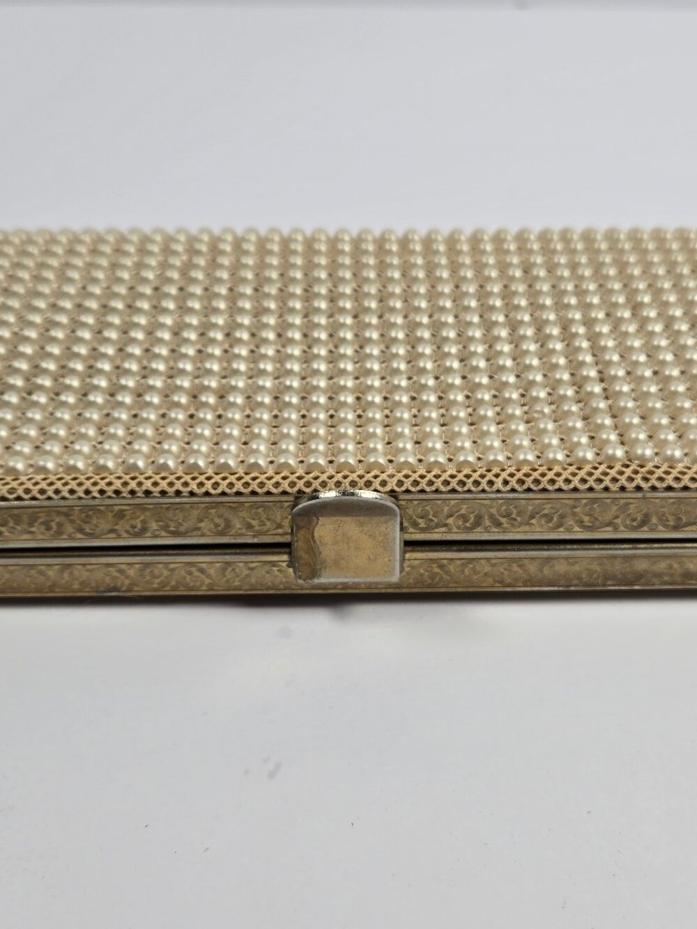Vintage Faux-Pearl Beaded Clutch Purse Gold Etched Frame Mid-Century Bridal